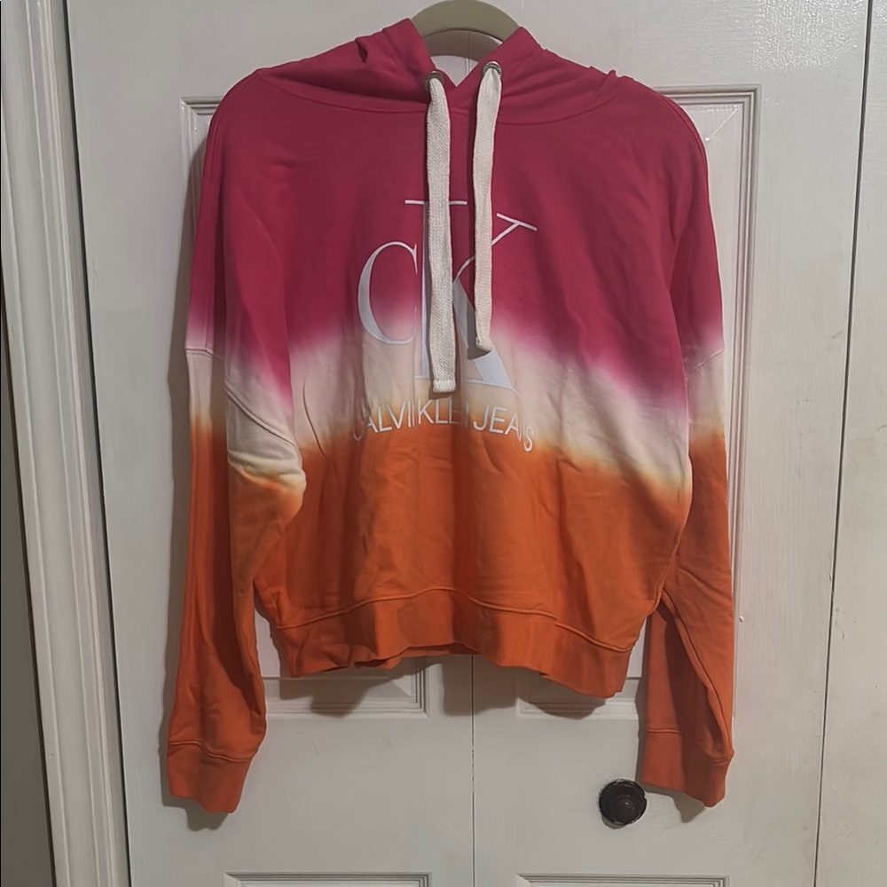 Calvin Klein Pink and White Long Sleeve Relaxed Crop Hoodie